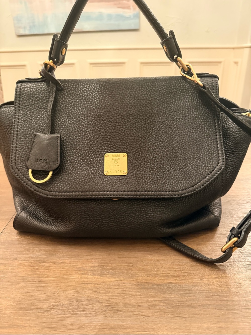 MCM Black Pebbled Leather Flap Shoulder Bag with Gold Hardware